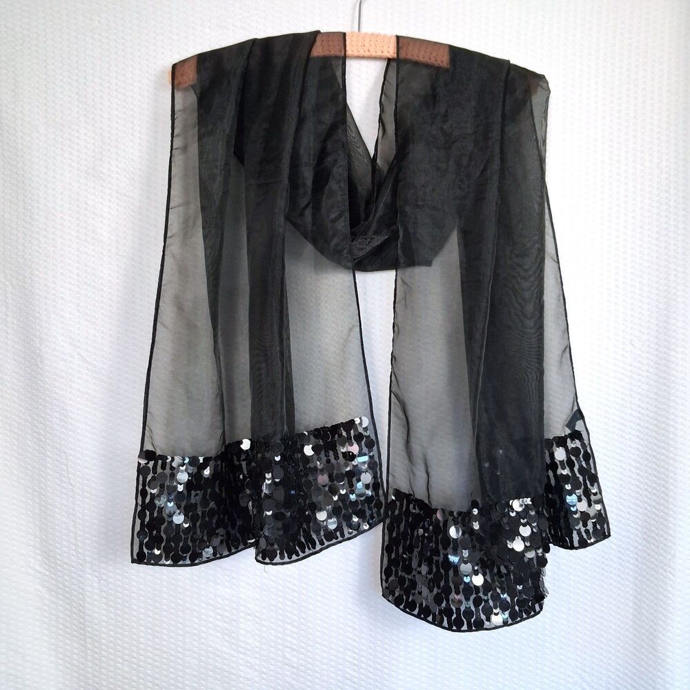 Nine West Formal Black Sheer Scarf Large Sequins NEW